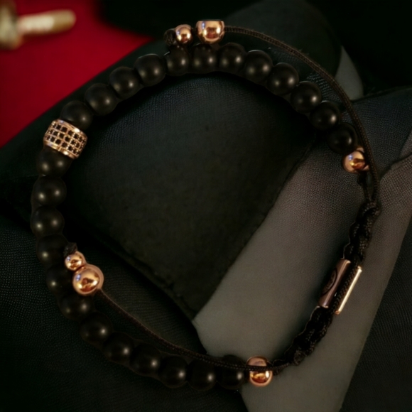 Matte Black Onyx Handcrafted Beaded Bracelet with 8k Gold Accent Beads - Picture 5 of 7